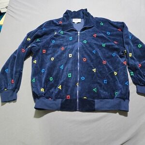 ARIEL Velour Track Jacket Large Navy Geometric Zip vintage teacher artwork